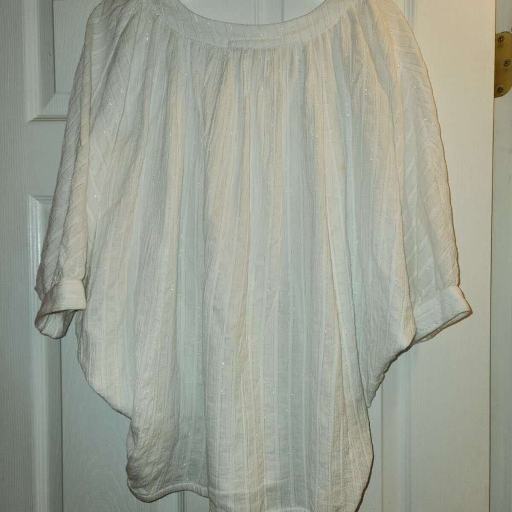 Trina Turk White Metallic Stripe Peasant Cotton Top Dolman Sleeve Pockets Size P - Picture 4 of 6